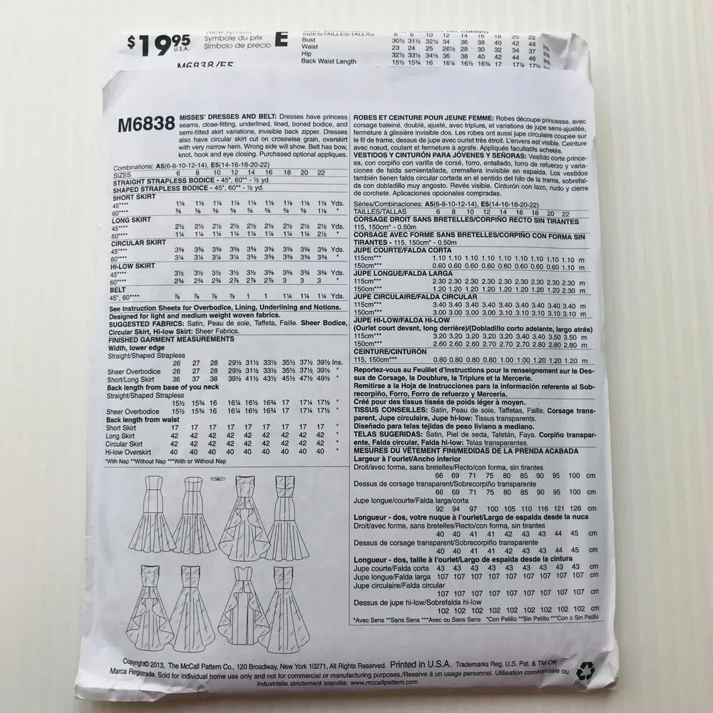 McCall's Sewing Pattern M6838 Mermaid Cocktail Evening Dress Strapless 14-22 New